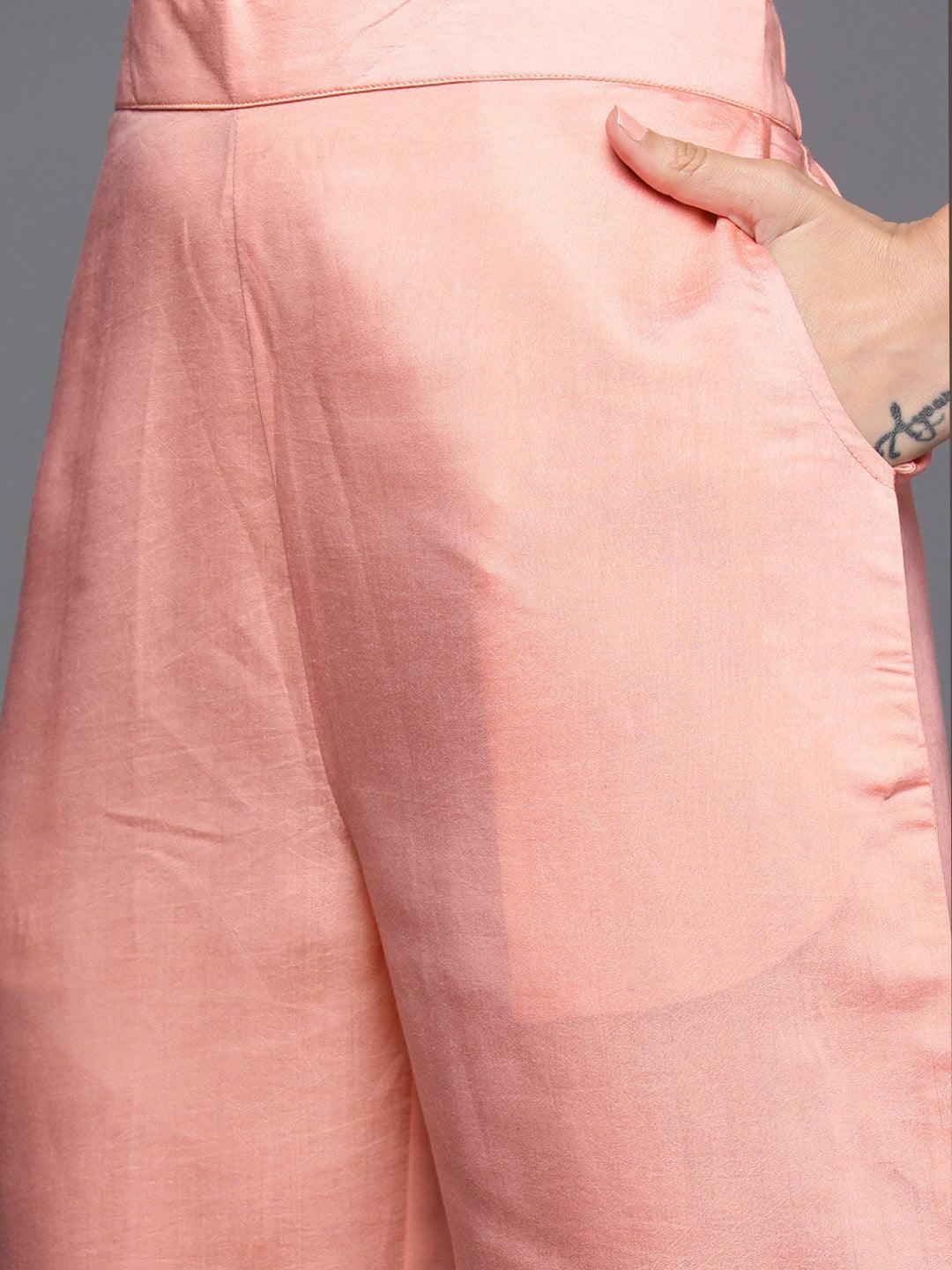 Peach Printed Silk Blend Straight Kurta With Trousers & Dupatta