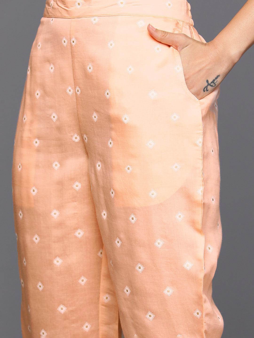 Peach Printed Silk Blend Straight Kurta With Trousers & Dupatta