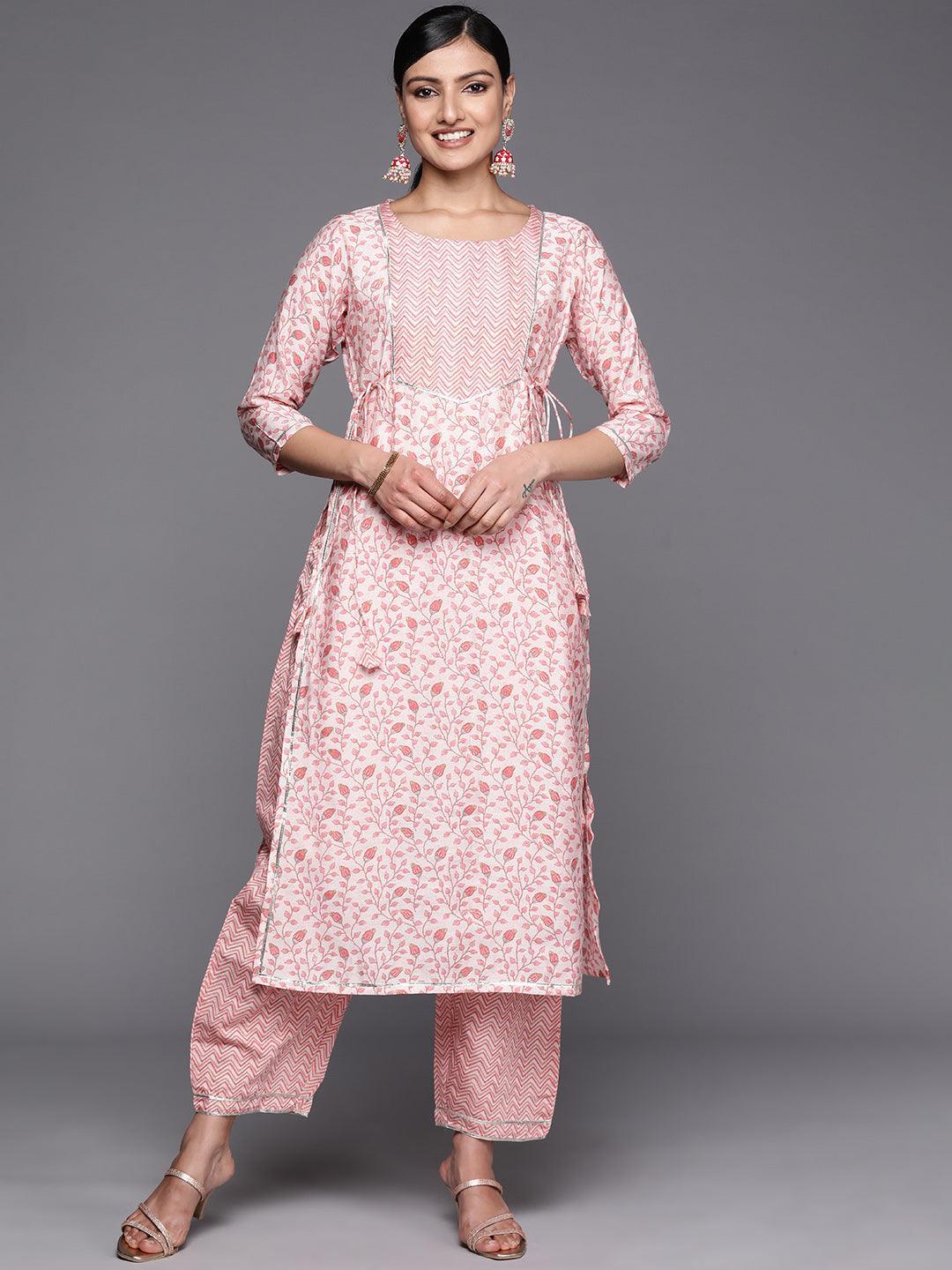 Peach Printed Silk Blend Straight Kurta Set With Trousers