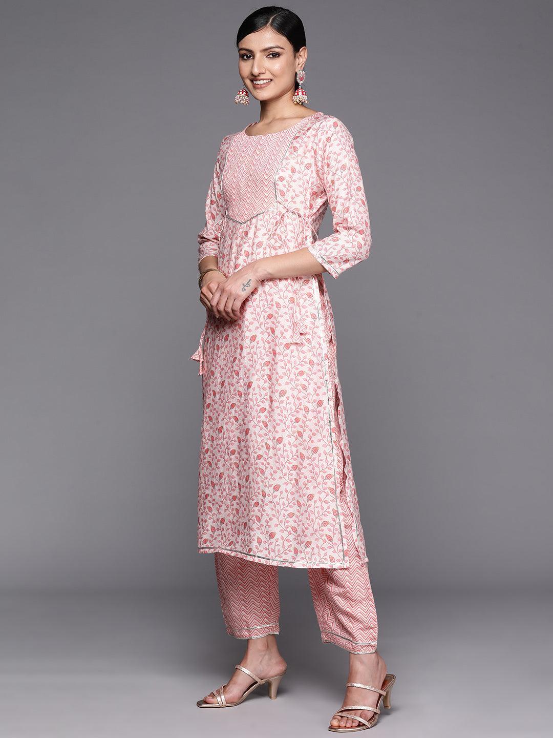 Peach Printed Silk Blend Straight Kurta Set With Trousers