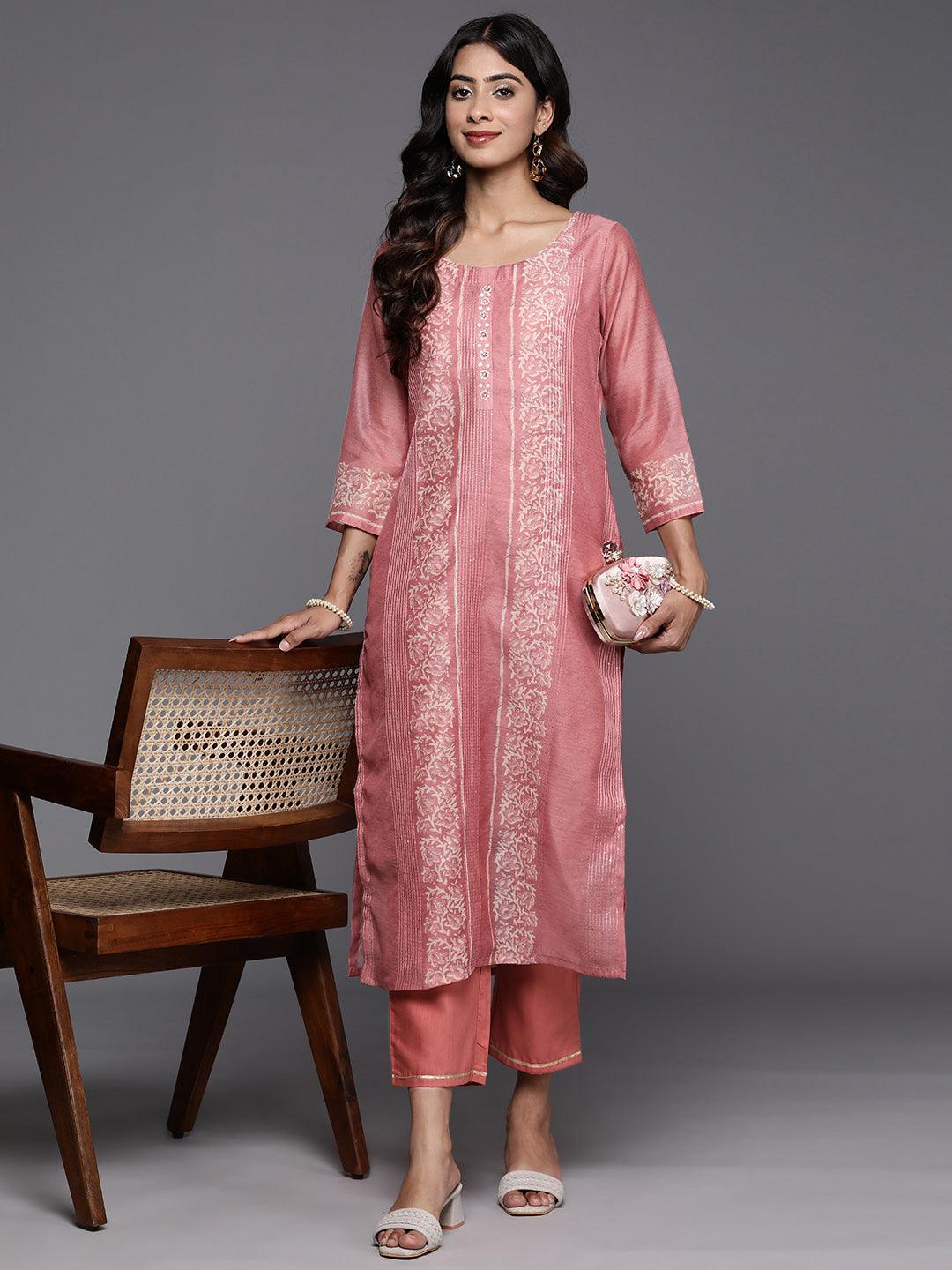 Peach Printed Silk Blend Straight Kurta With Trousers - Libas