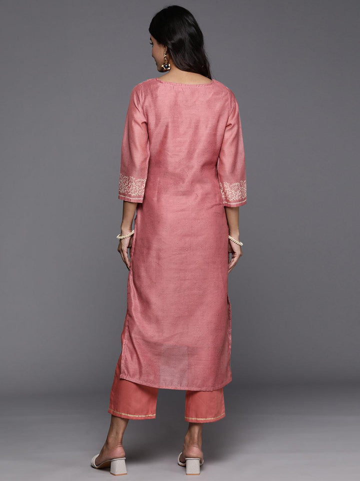 Peach Printed Silk Blend Straight Kurta With Trousers - Libas