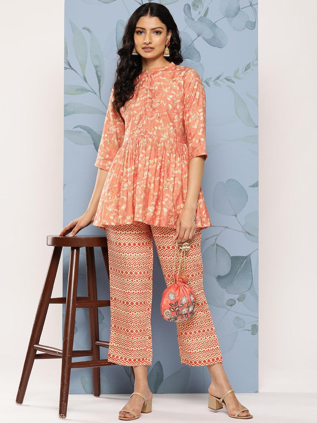 Peach Printed Silk Blend Co-Ords - Libas