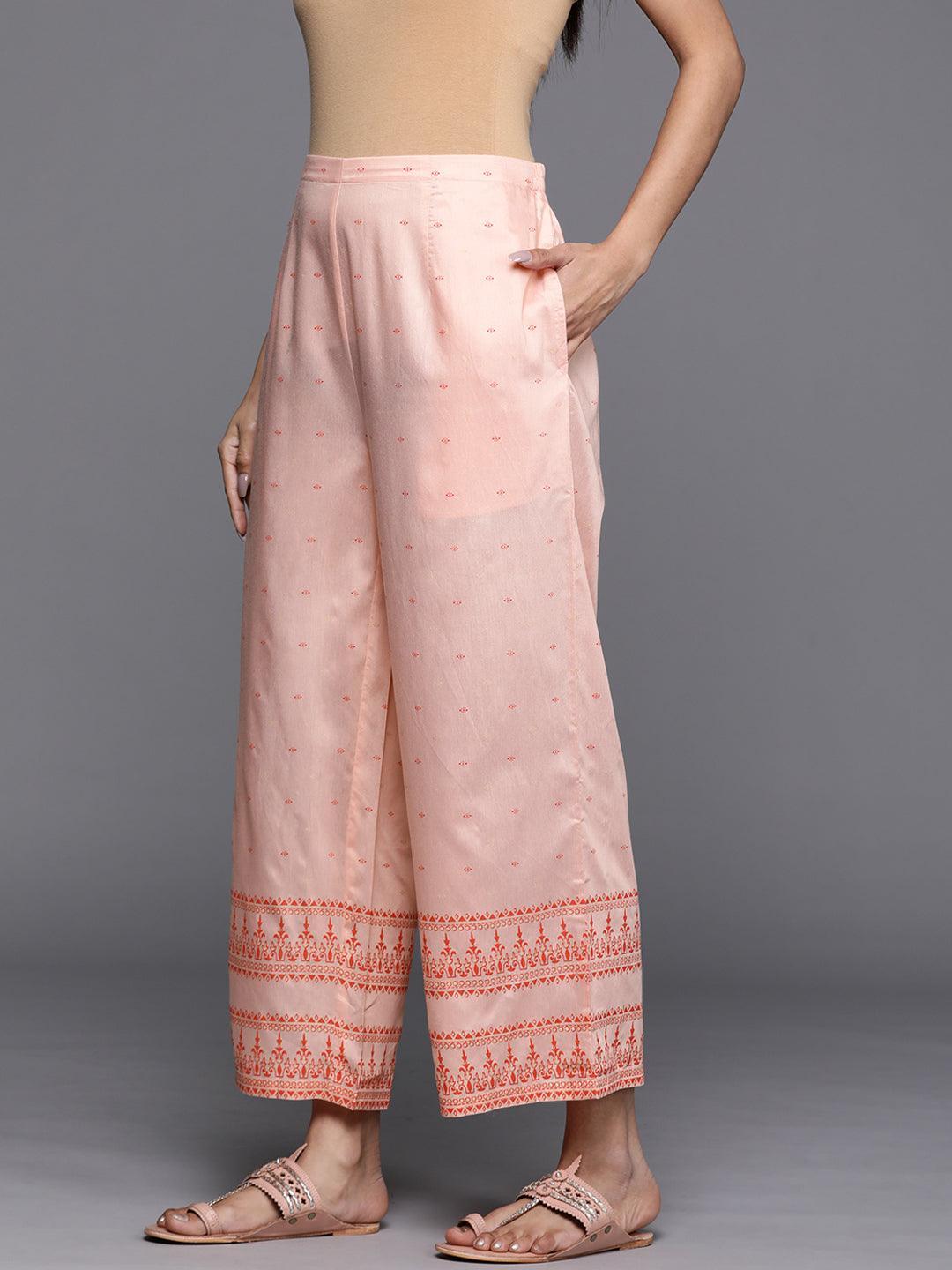 Peach Printed Silk Palazzos - ShopLibas