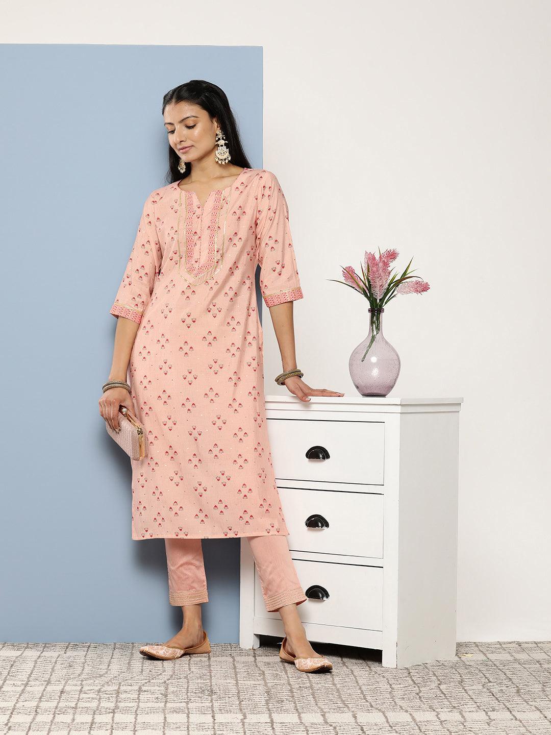 Peach Printed Silk Straight Kurta - ShopLibas