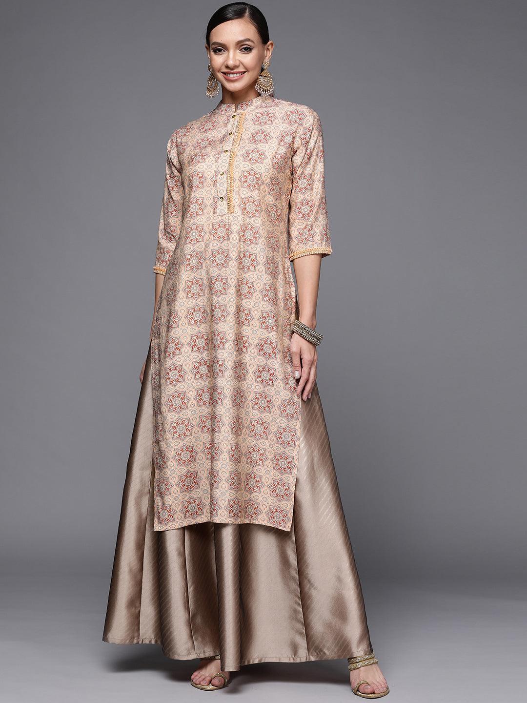 Peach Printed Silk Straight Kurta