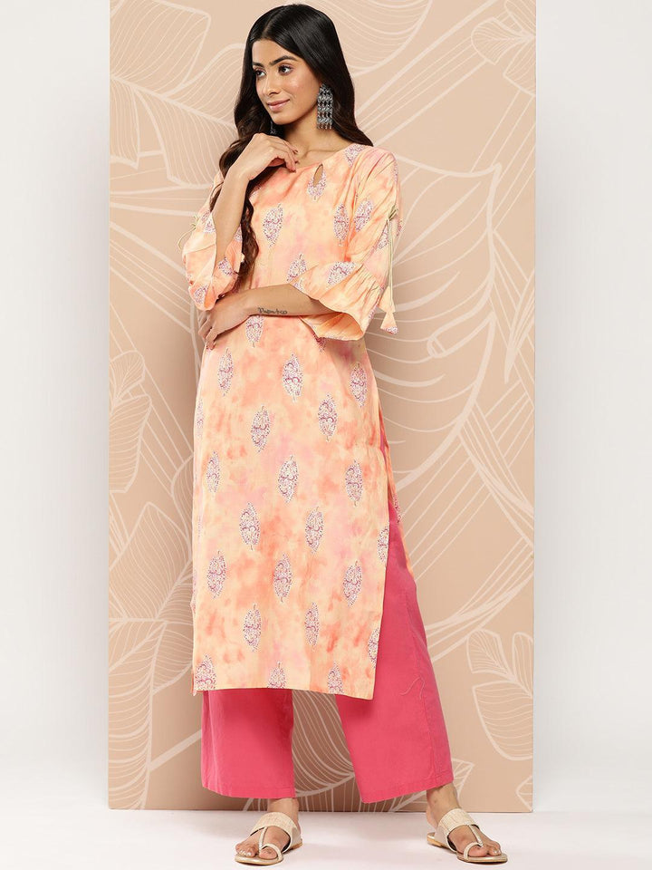 Peach Printed Silk Straight Kurta - Libas