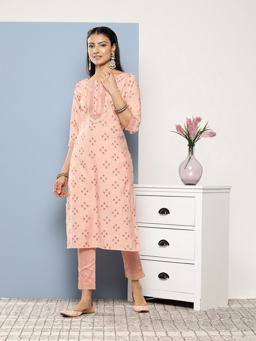 Peach Printed Silk Straight Kurta