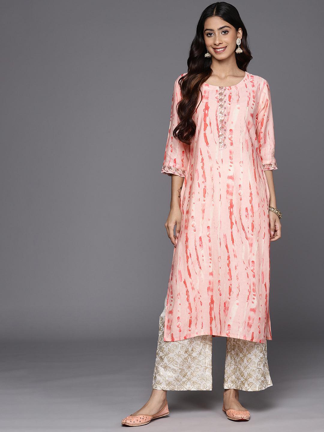 Peach Printed Silk Straight Kurta