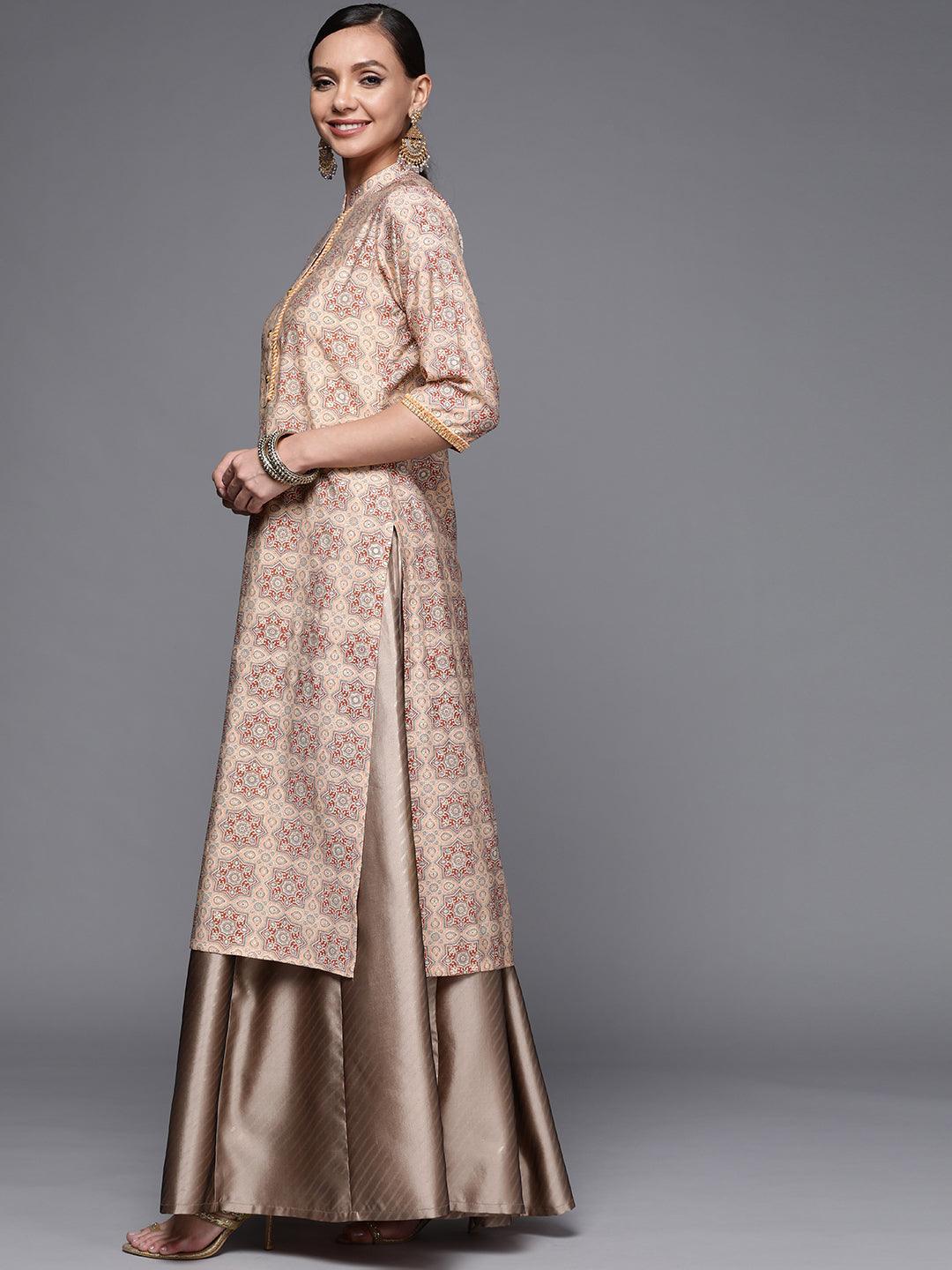 Peach Printed Silk Straight Kurta