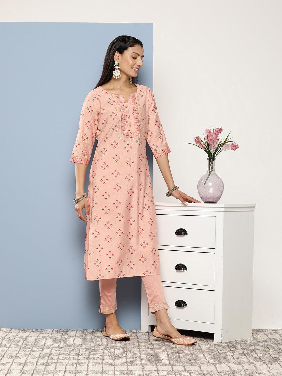 Peach Printed Silk Straight Kurta