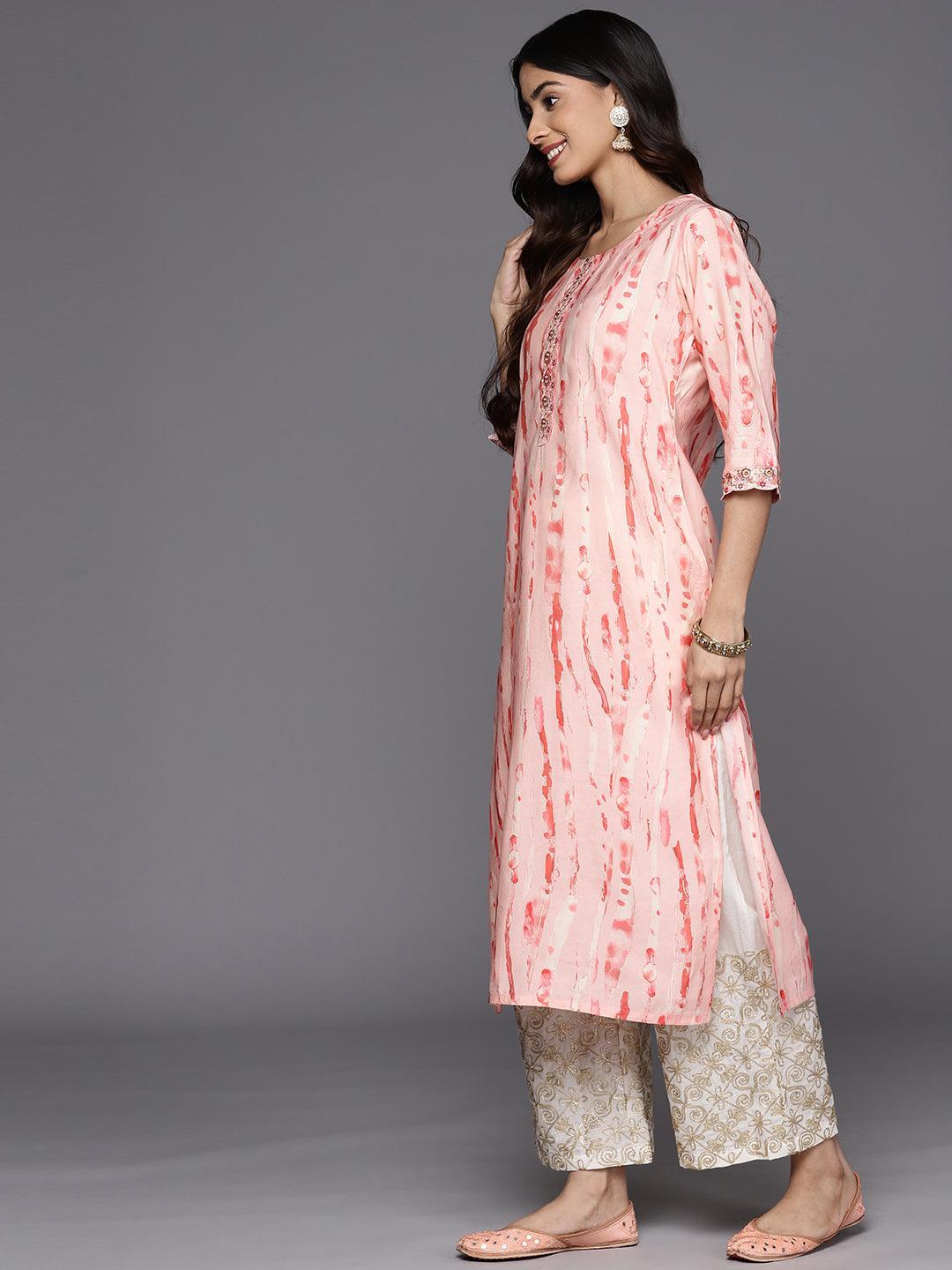 Peach Printed Silk Straight Kurta