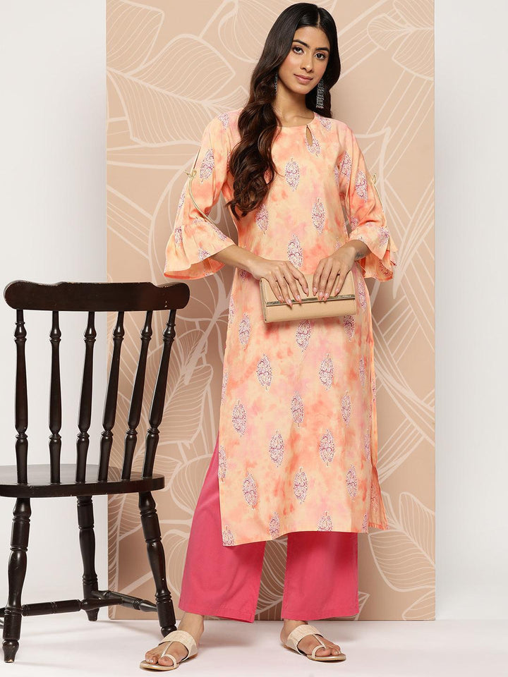 Peach Printed Silk Straight Kurta - Libas