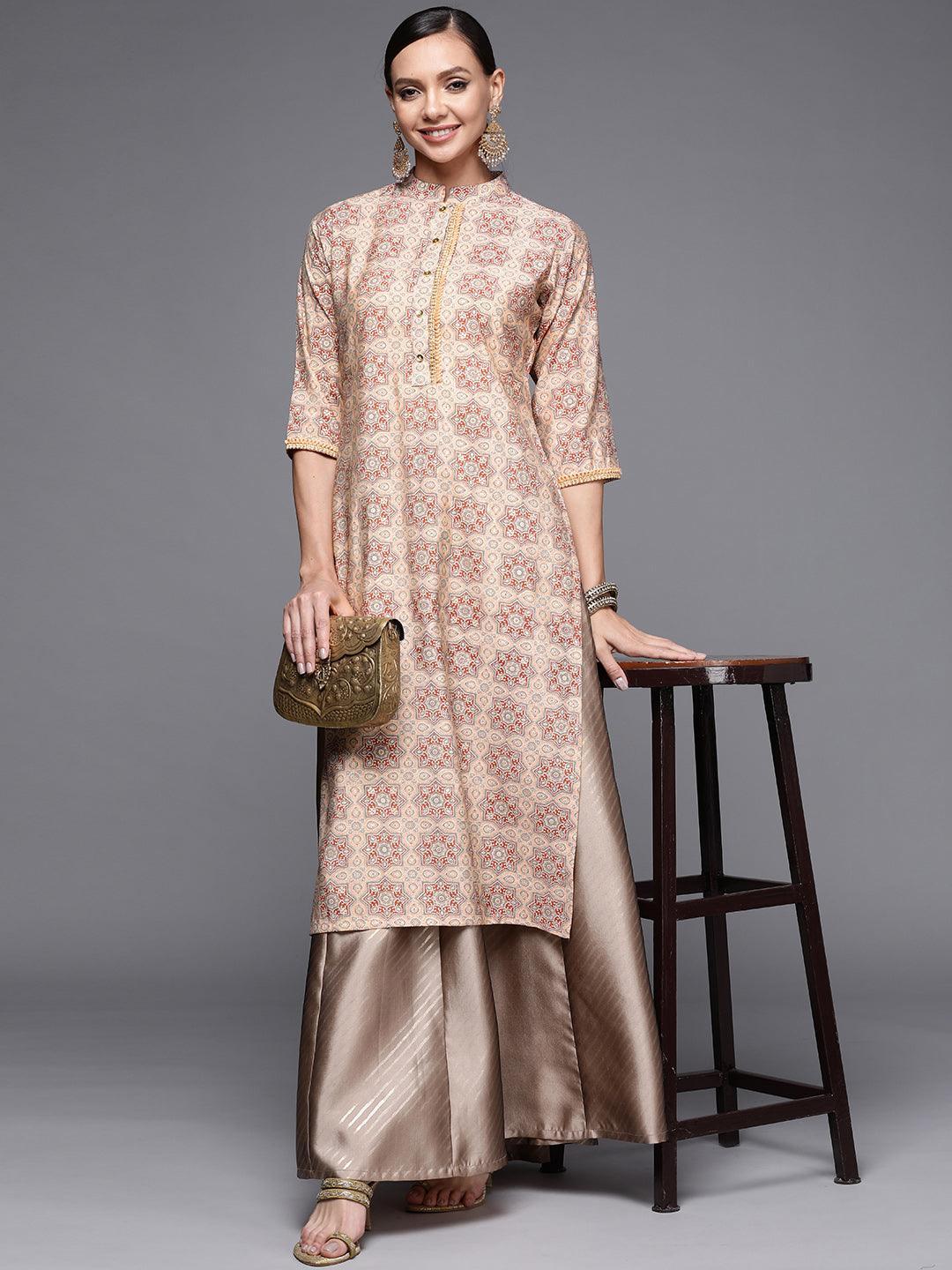 Peach Printed Silk Straight Kurta