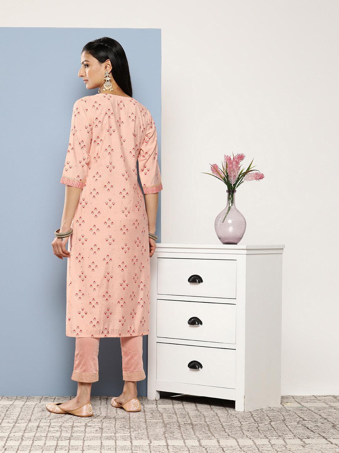 Peach Printed Silk Straight Kurta