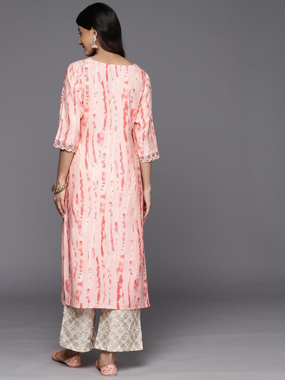 Peach Printed Silk Straight Kurta