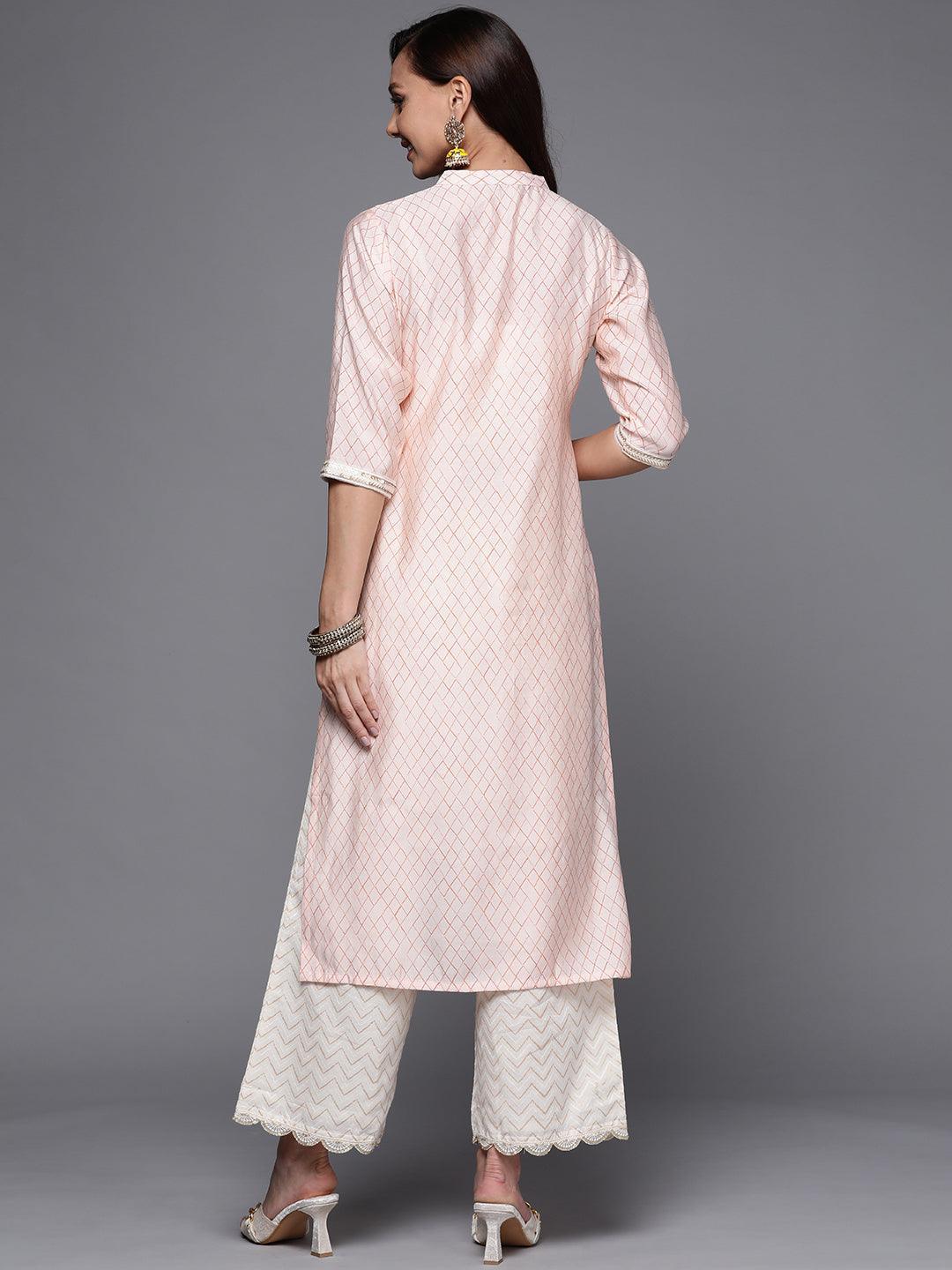 Peach Printed Silk Straight Kurta