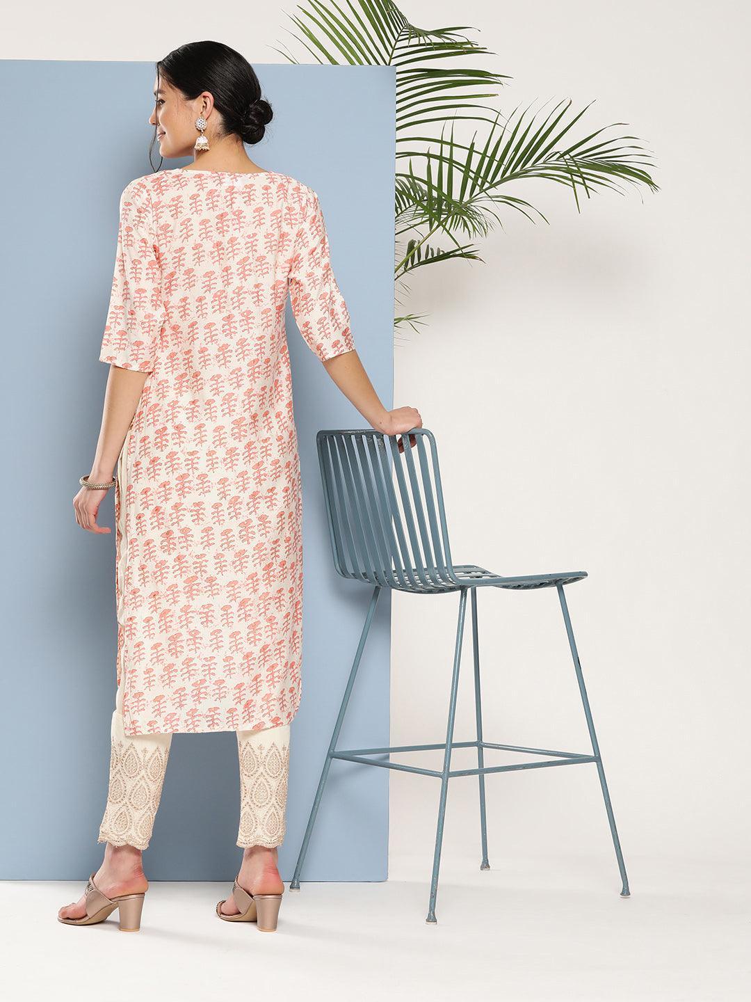 Peach Printed Silk Straight Kurta