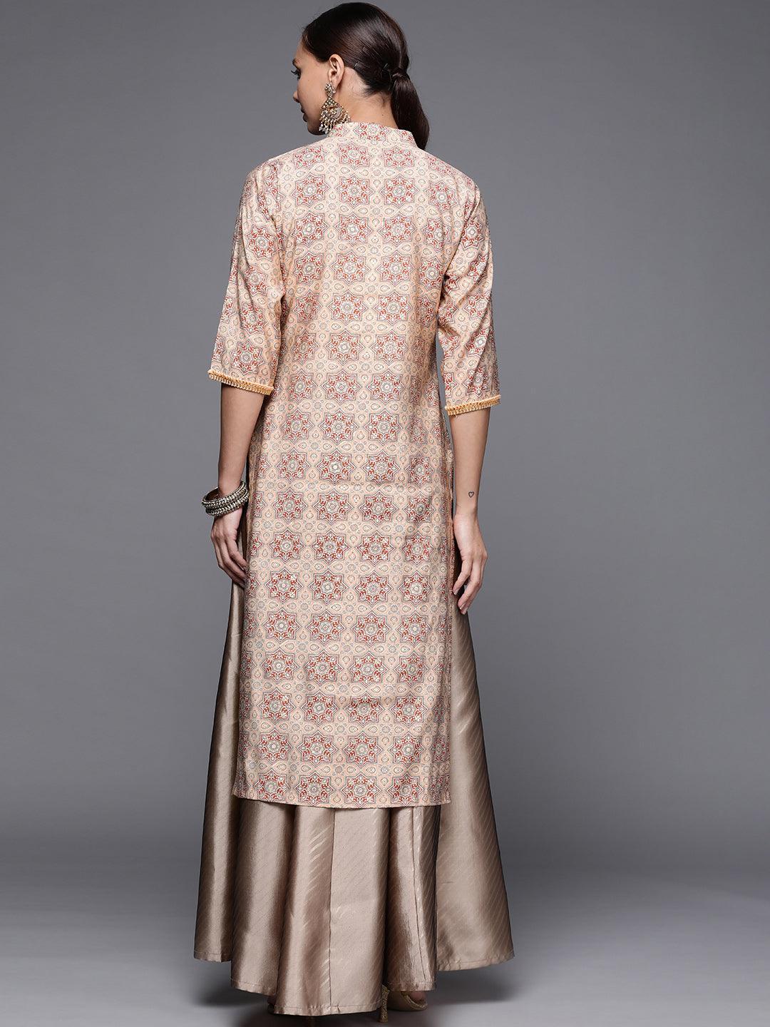 Peach Printed Silk Straight Kurta - ShopLibas