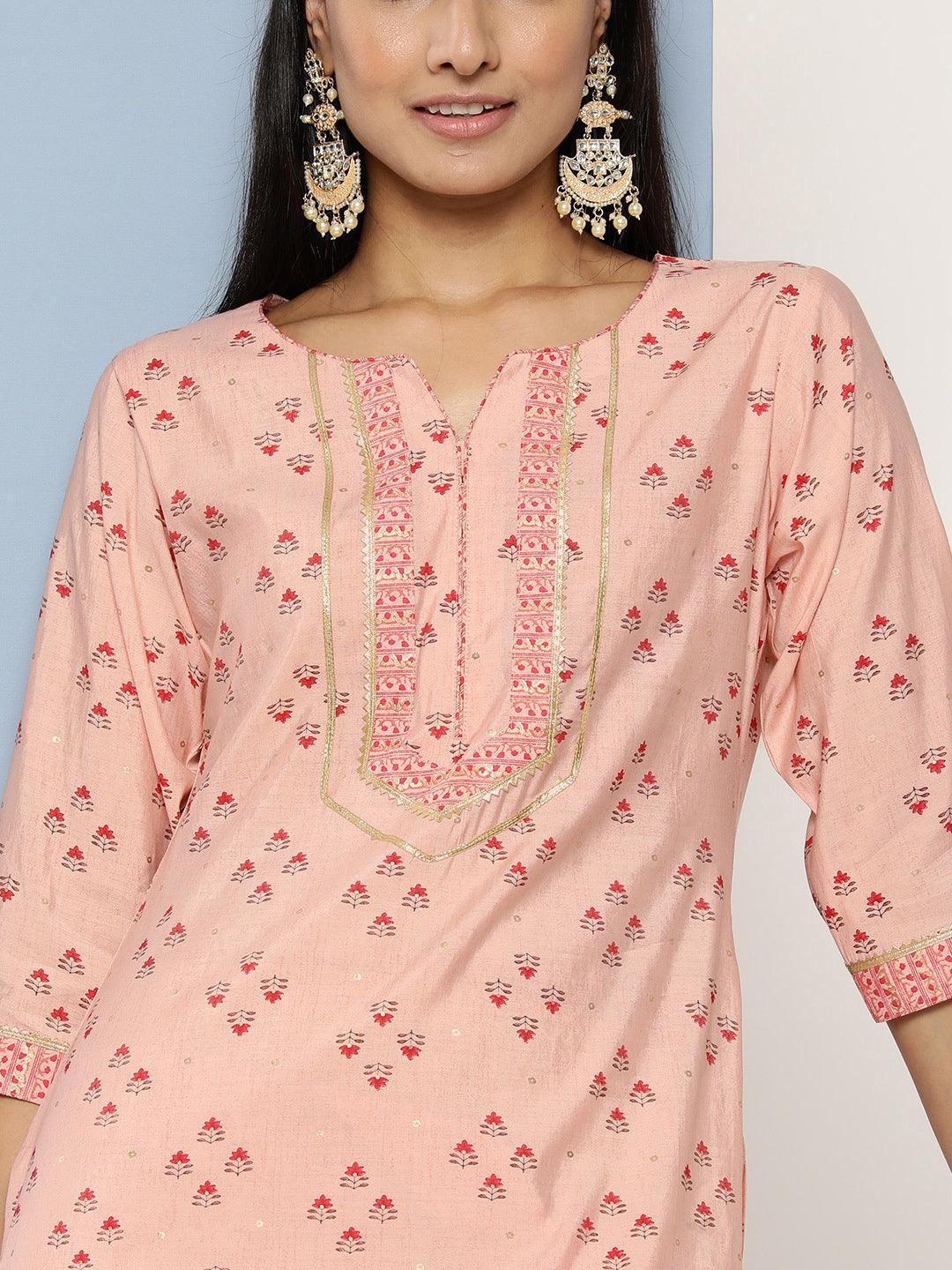 Peach Printed Silk Straight Kurta