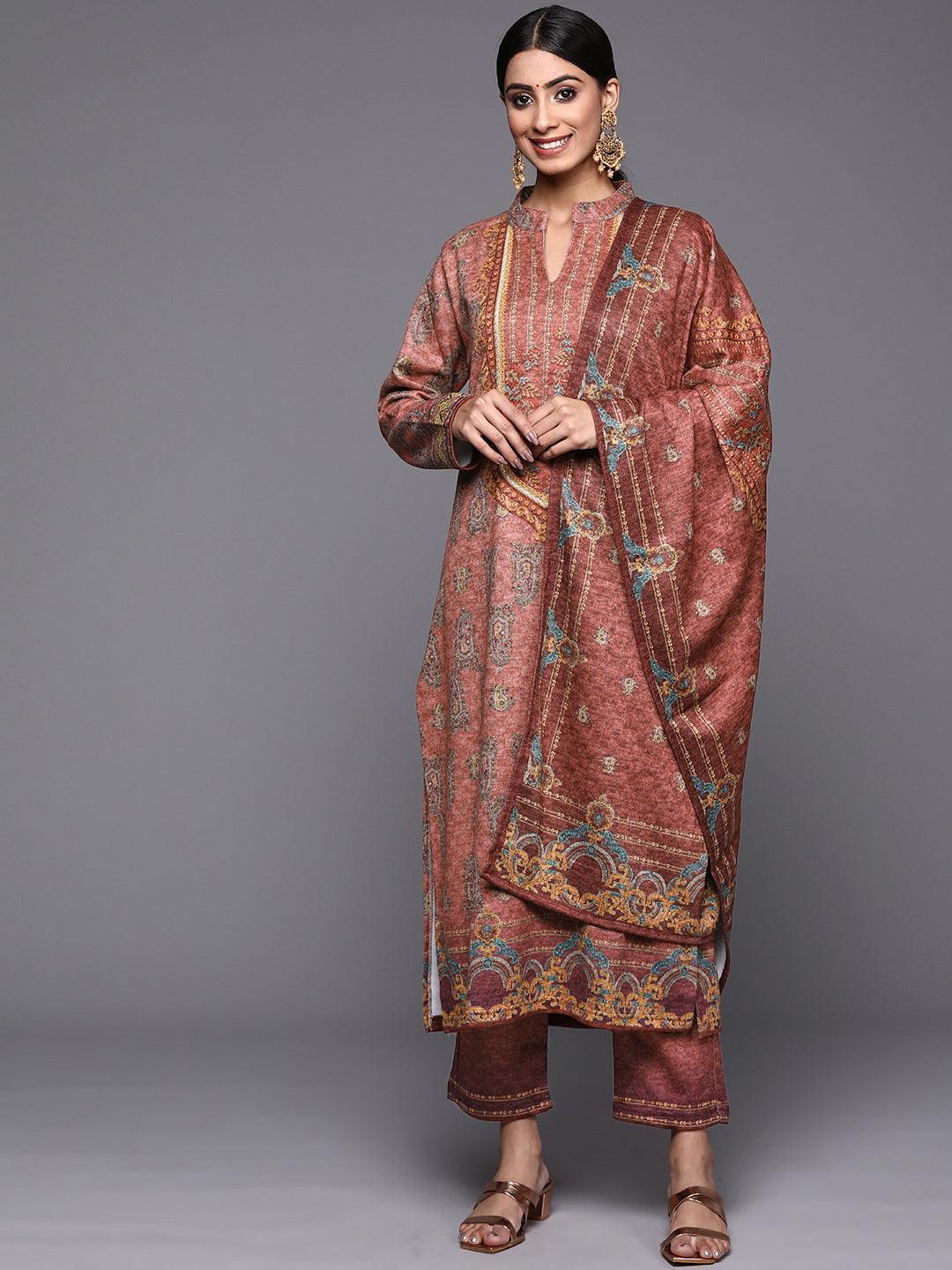 Peach Printed Wool Straight Suit Set - ShopLibas