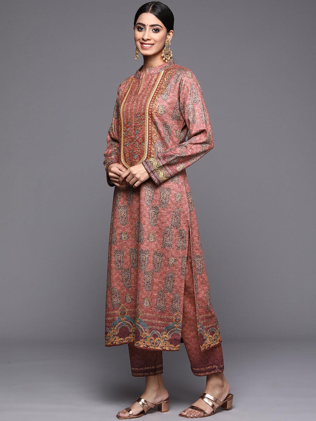 Peach Printed Wool Straight Suit Set