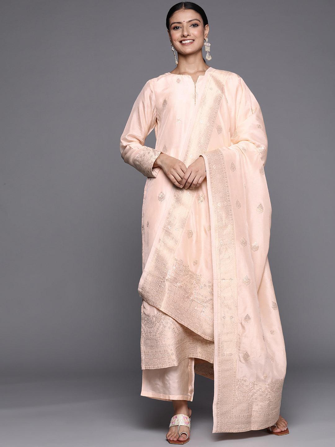 Peach Self Design Chanderi Silk Straight Suit Set