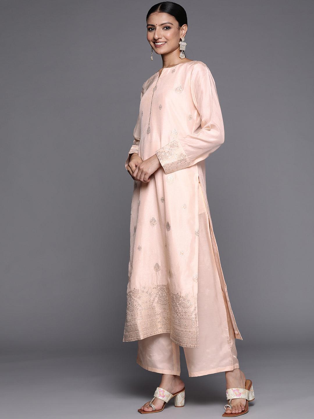 Peach Self Design Chanderi Silk Straight Suit Set