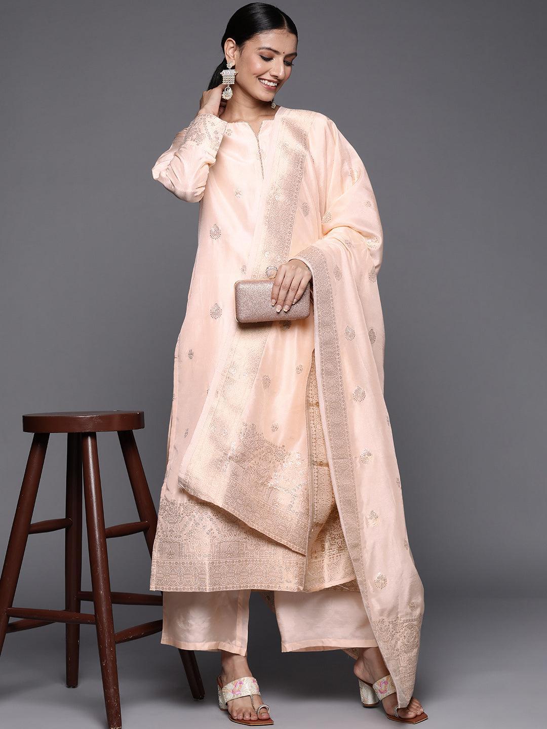 Peach Self Design Chanderi Silk Straight Suit Set