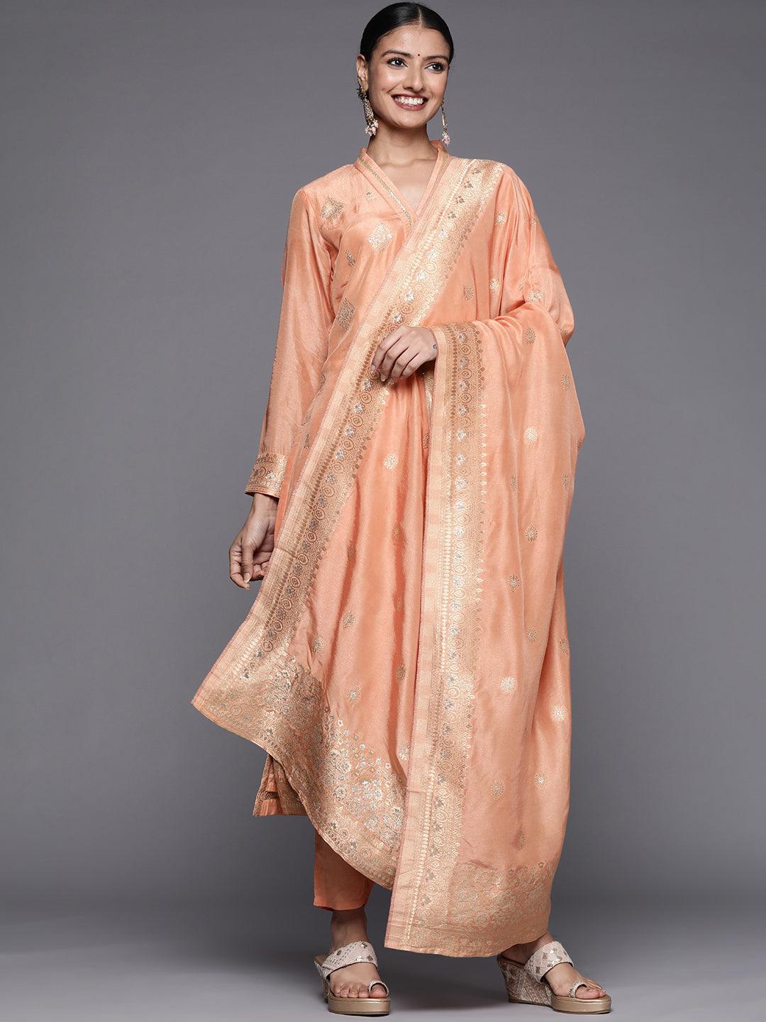 Peach Self Design Chanderi Silk Straight Suit Set