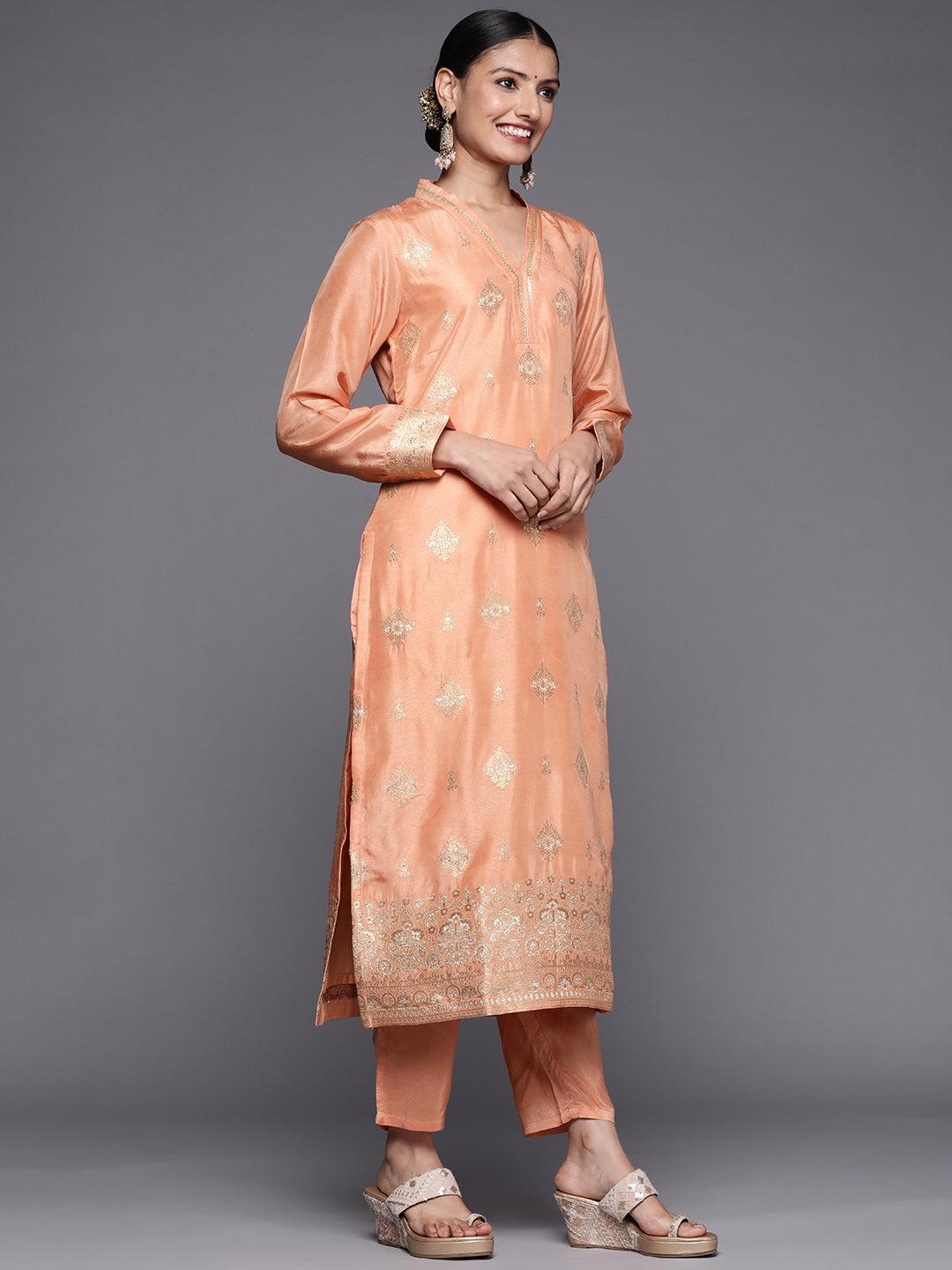 Peach Self Design Chanderi Silk Straight Suit Set