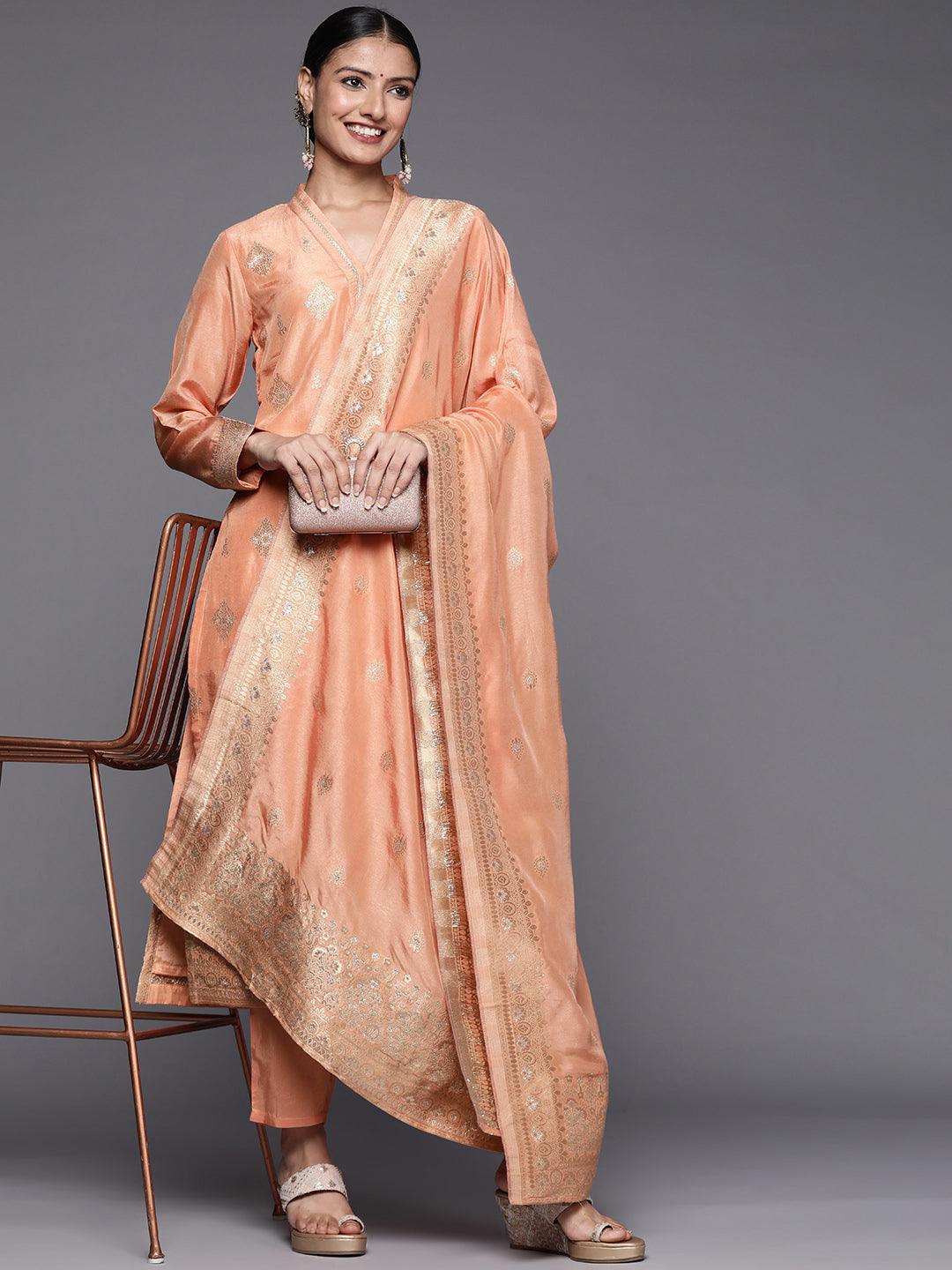 Peach Self Design Chanderi Silk Straight Suit Set