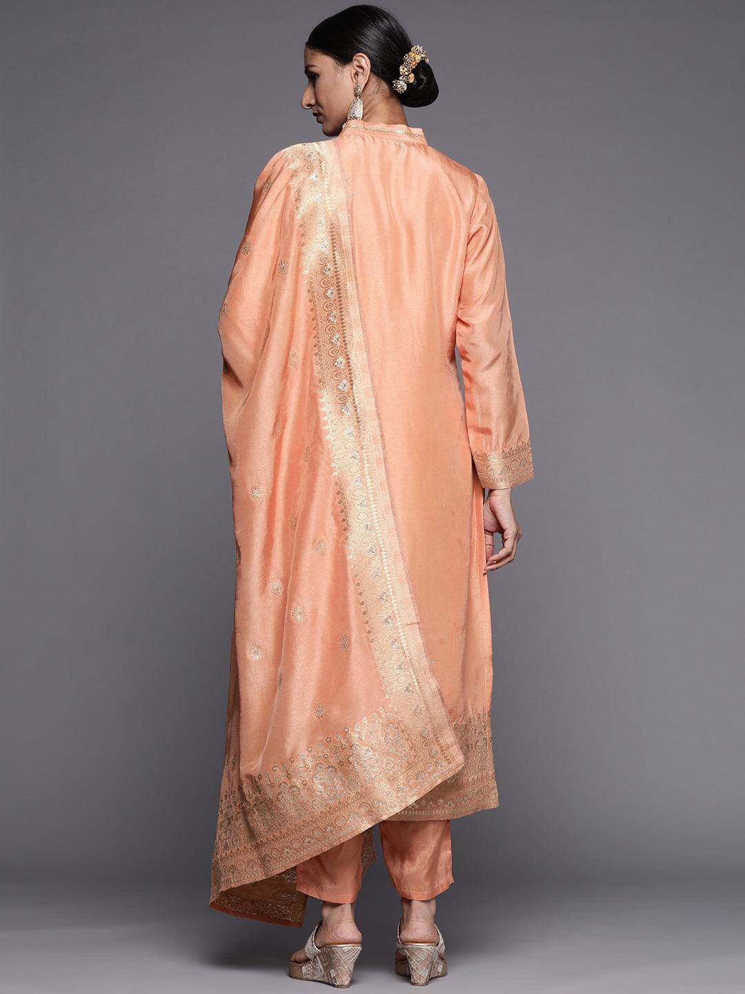 Peach Self Design Chanderi Silk Straight Suit Set