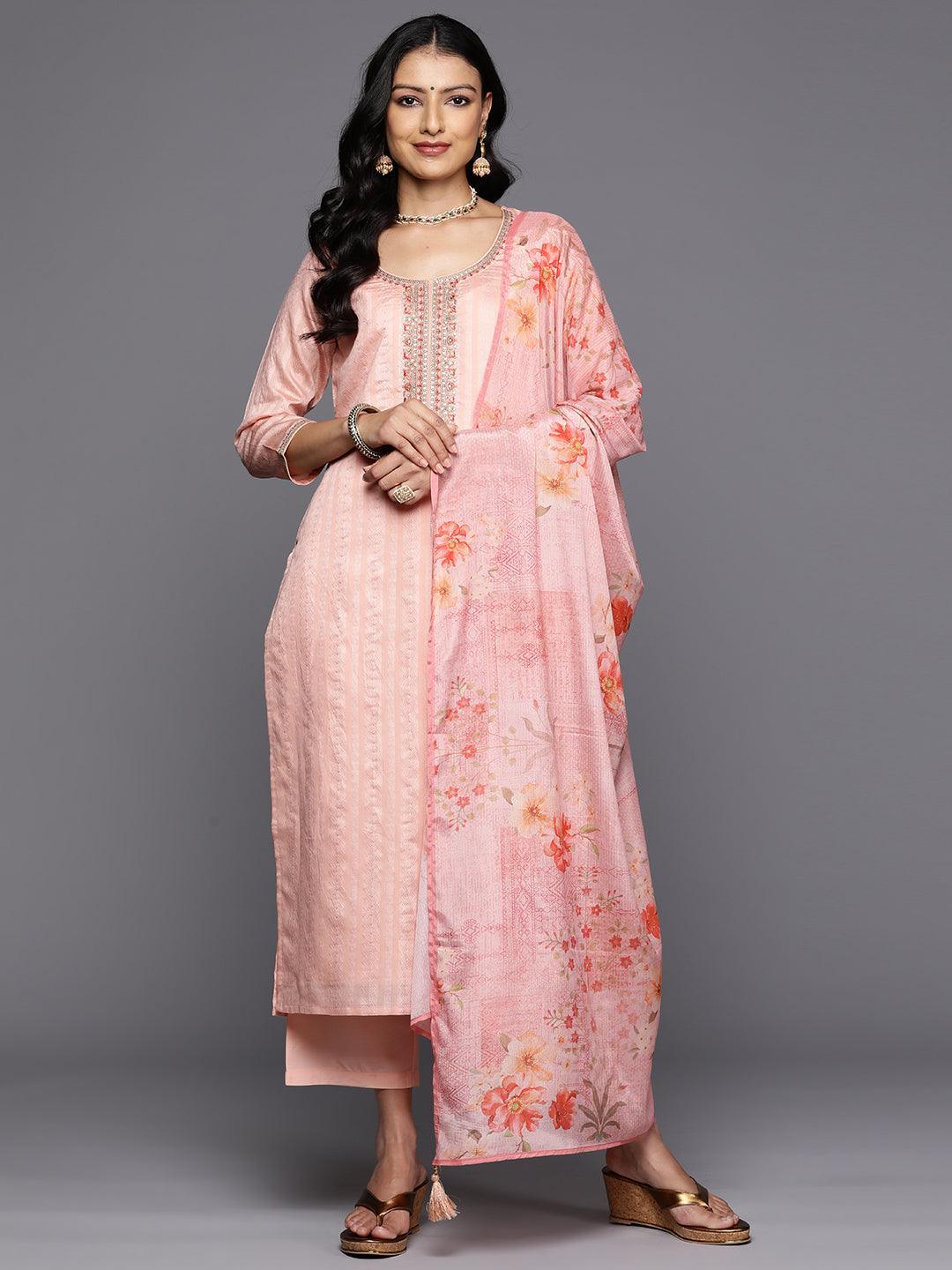 Peach Self Design Rayon Straight Kurta With Trousers & Dupatta