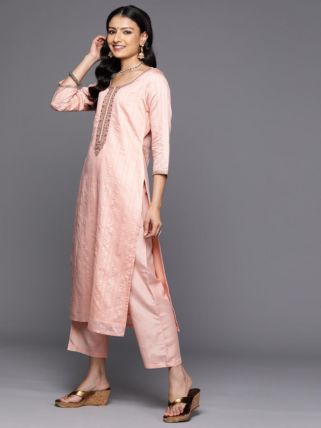 Peach Self Design Rayon Straight Kurta With Trousers & Dupatta