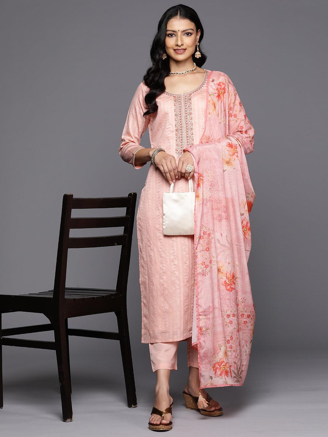 Peach Self Design Rayon Straight Kurta With Trousers & Dupatta