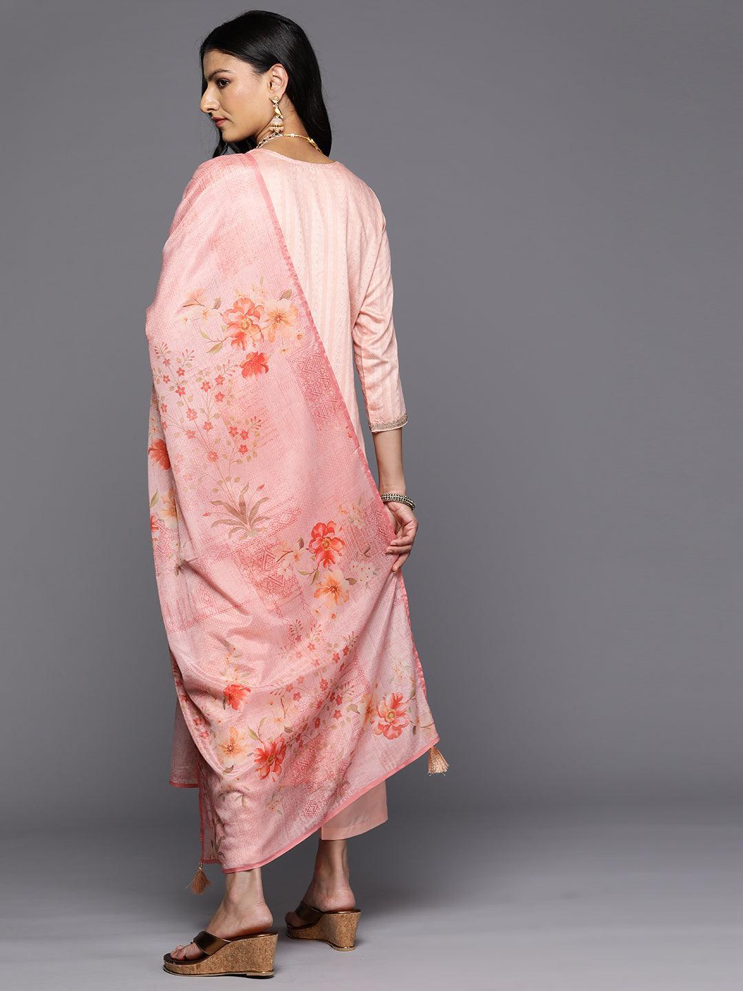 Peach Self Design Rayon Straight Kurta With Trousers & Dupatta