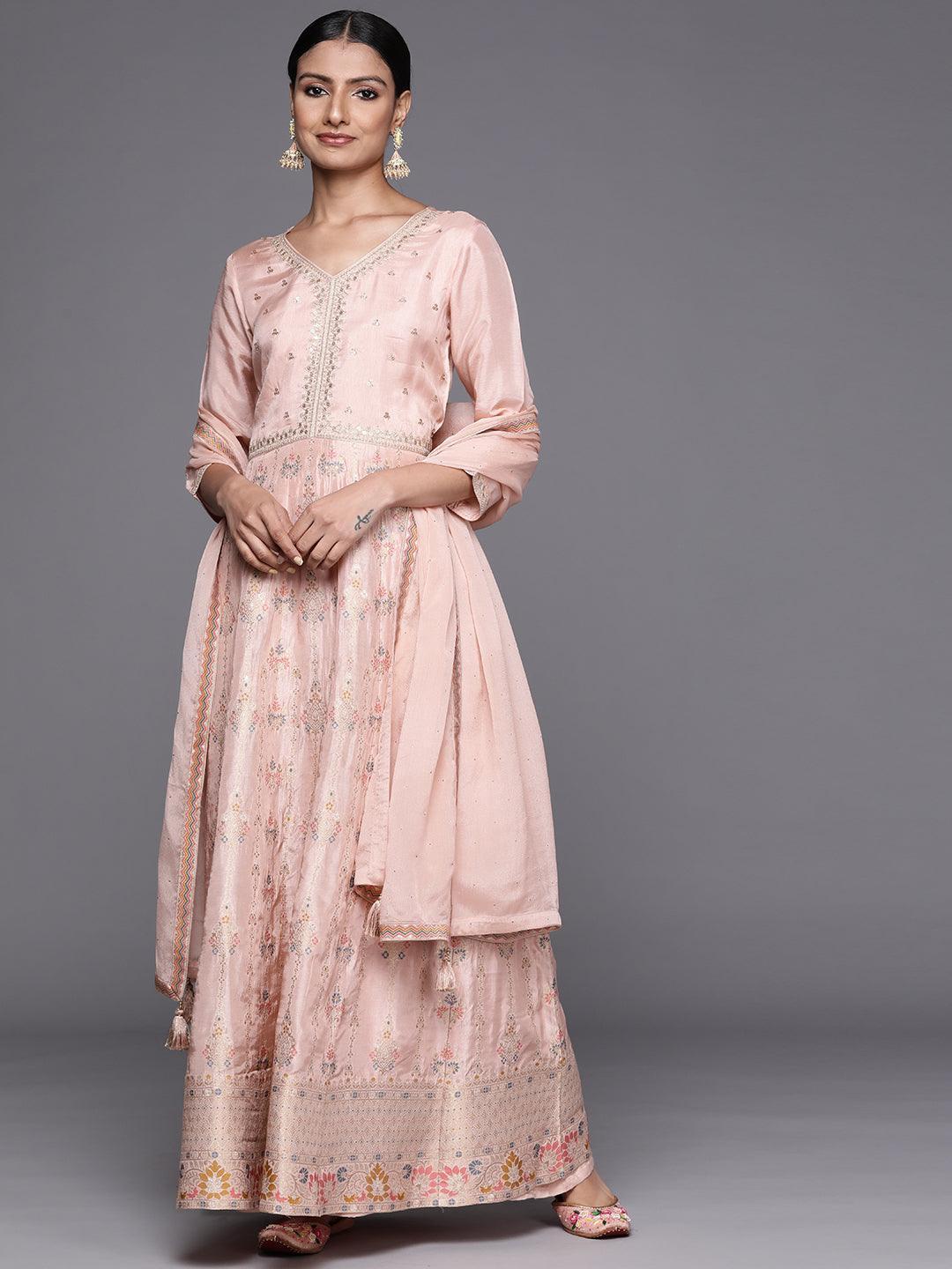 Peach Self Design Silk Anarkali Suit Set