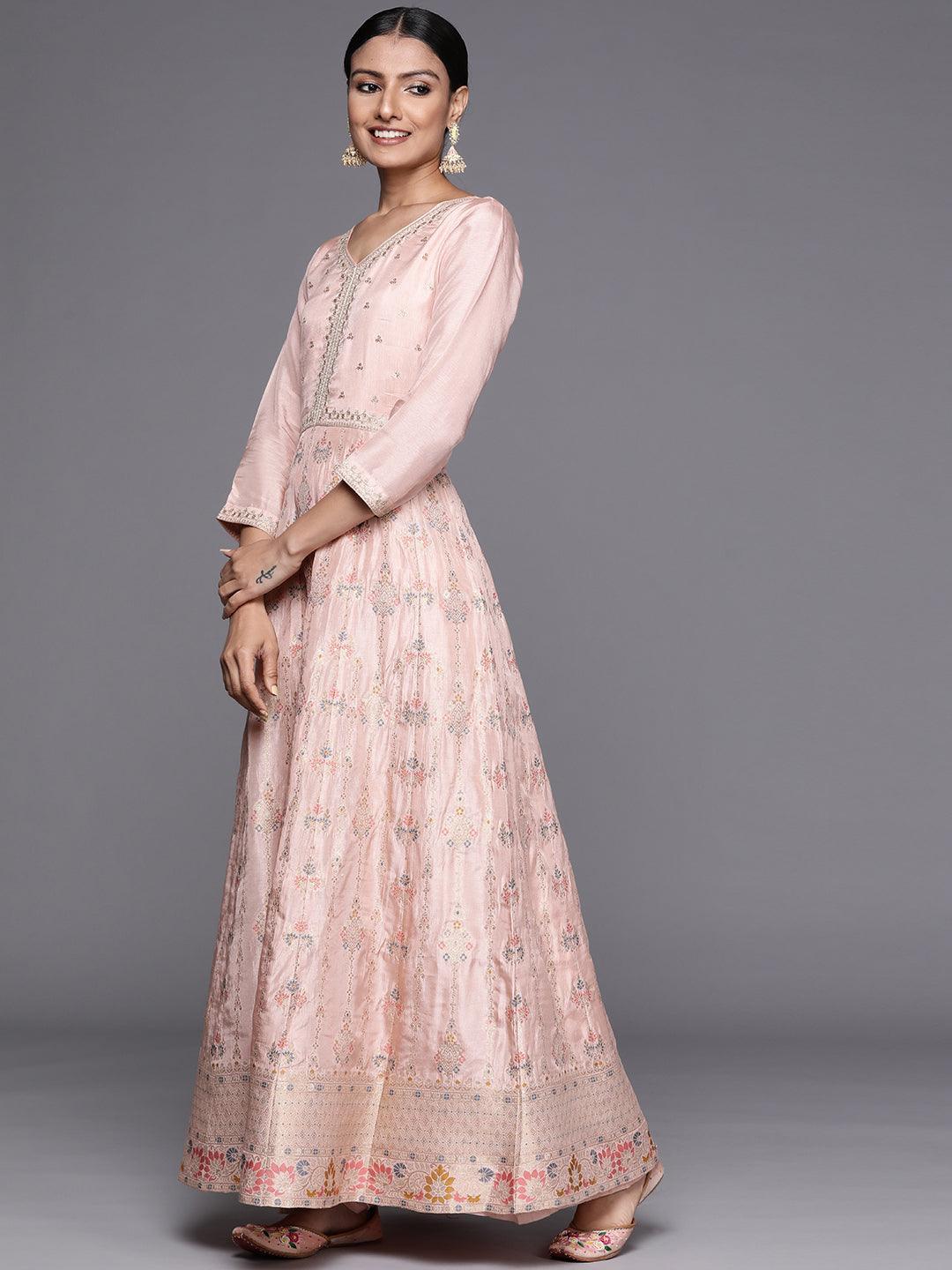 Peach Self Design Silk Anarkali Suit Set