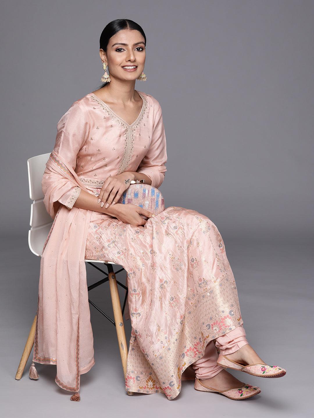 Peach Self Design Silk Anarkali Suit Set - ShopLibas