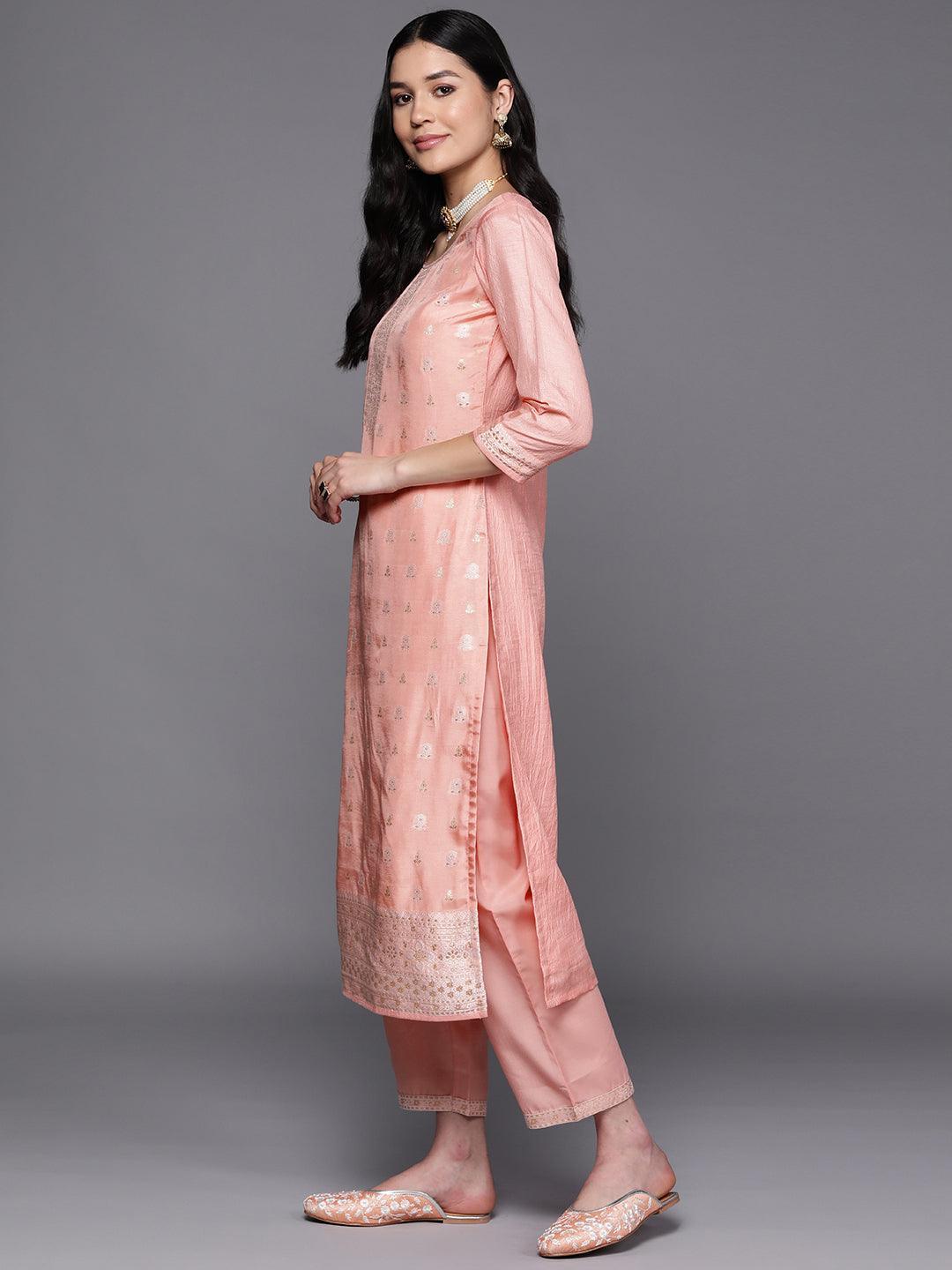 Peach Self Design Silk Blend Suit Set With Trousers