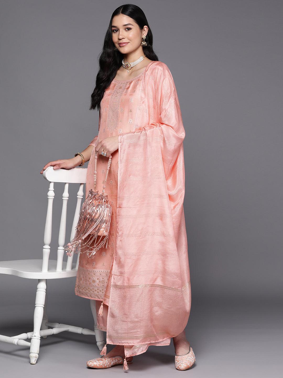 Peach Self Design Silk Blend Suit Set With Trousers