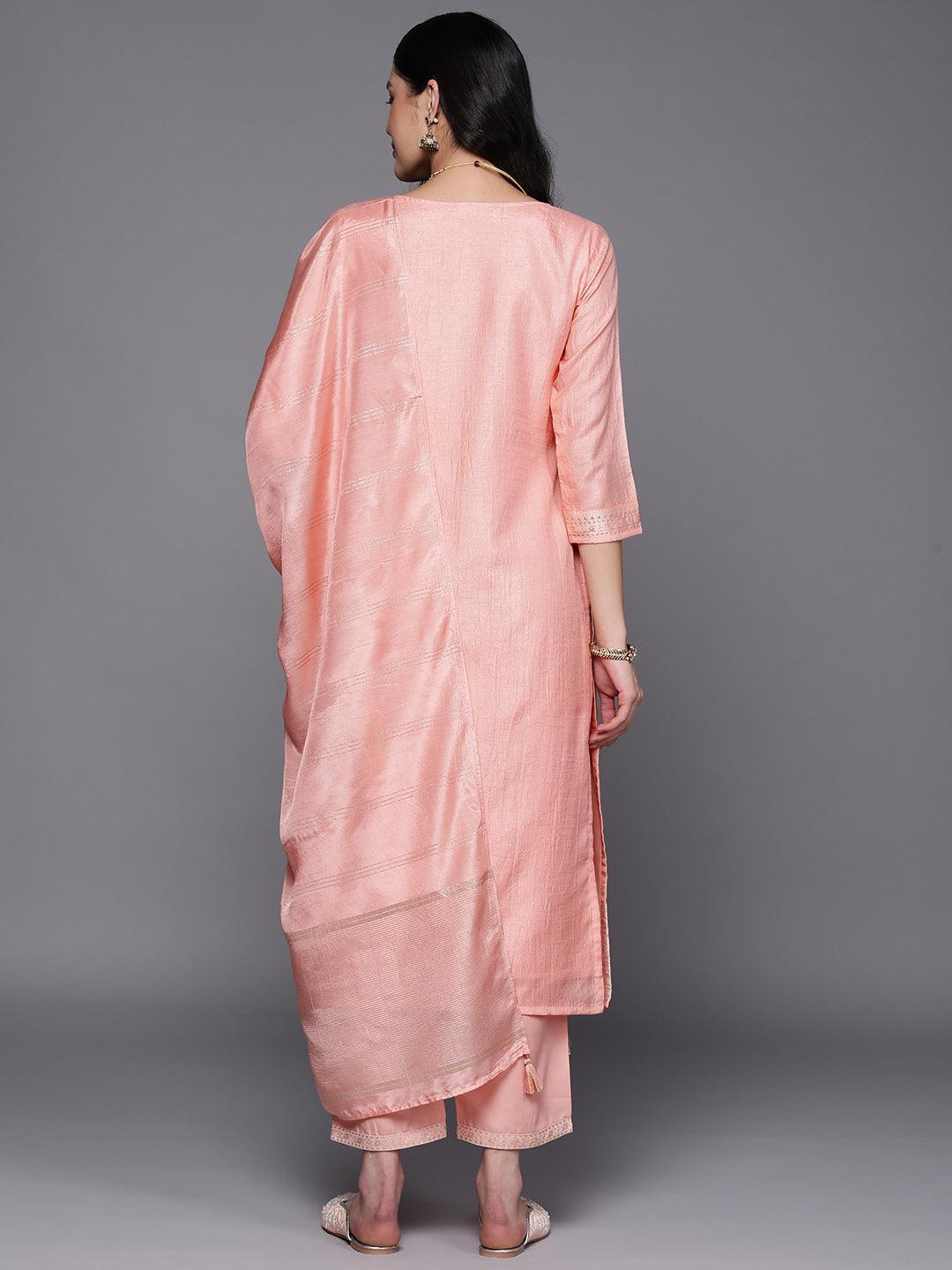 Peach Self Design Silk Blend Suit Set With Trousers