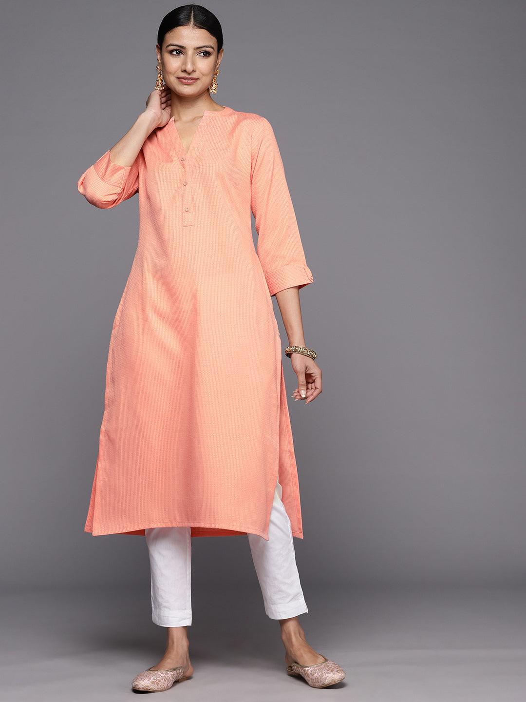 Peach Solid Rayon Straight Kurta - ShopLibas