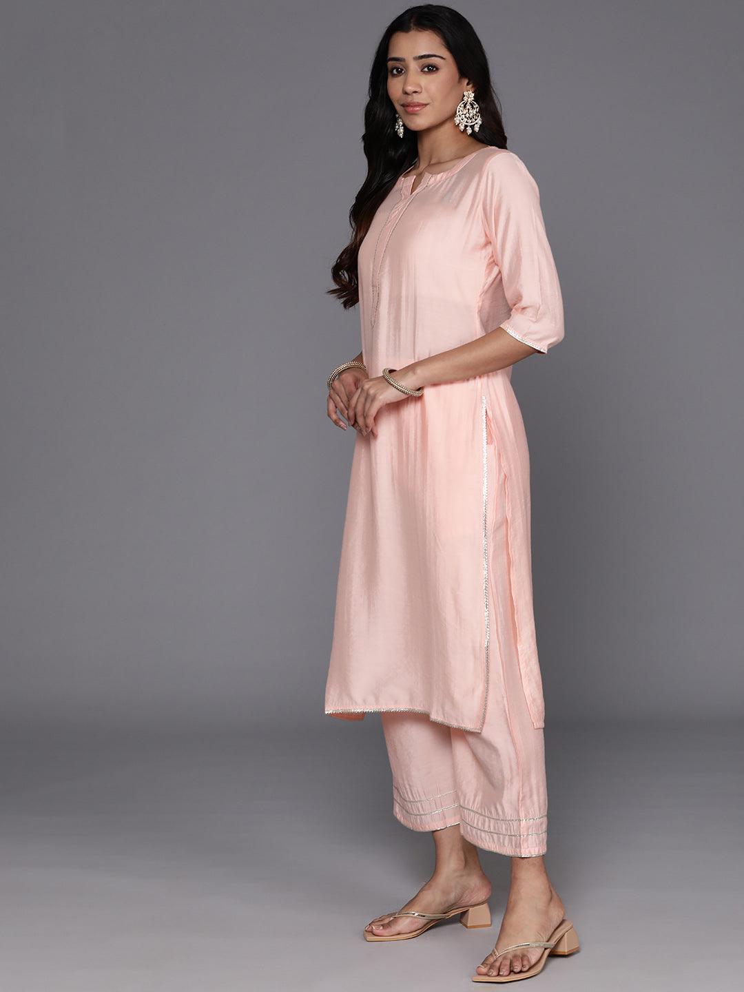 Peach Solid Silk Blend Straight Suit With Dupatta