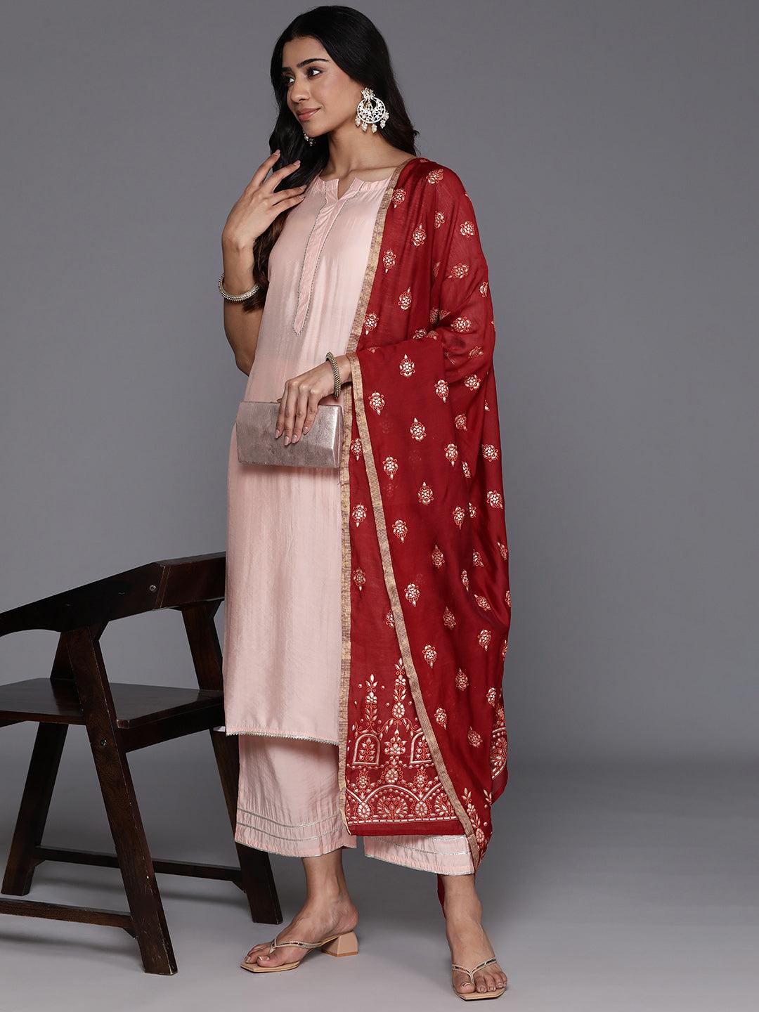 Peach Solid Silk Blend Straight Suit With Dupatta