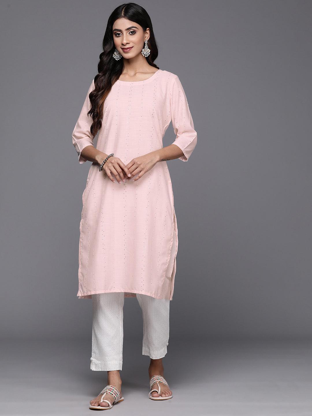 Peach Woven Design Cotton Straight Kurta