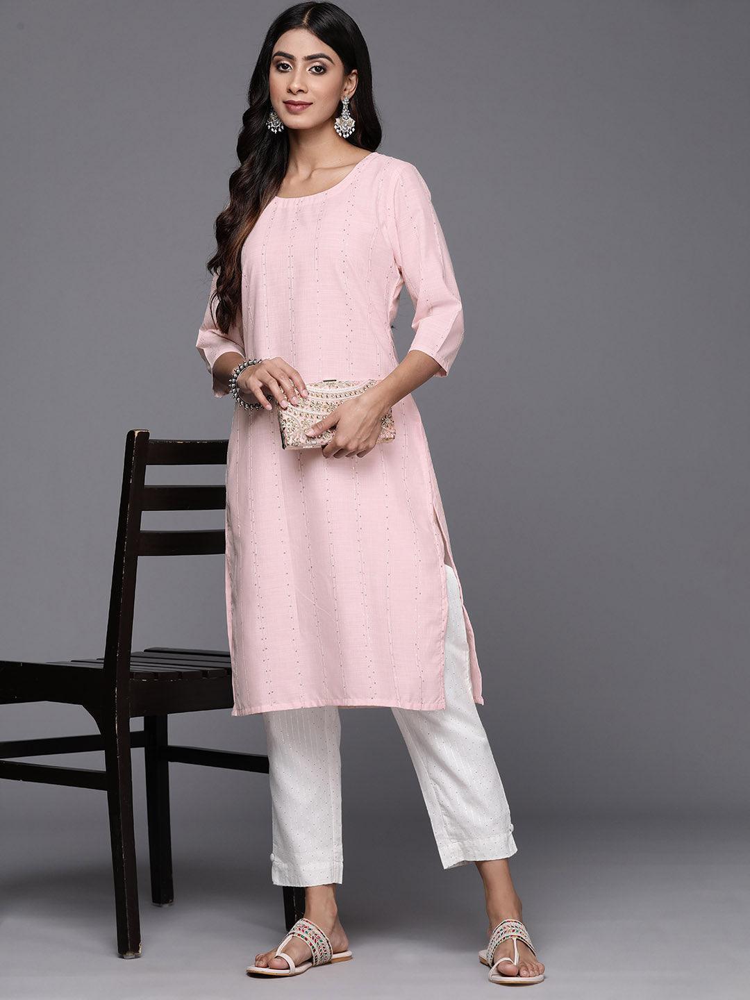 Peach Woven Design Cotton Straight Kurta