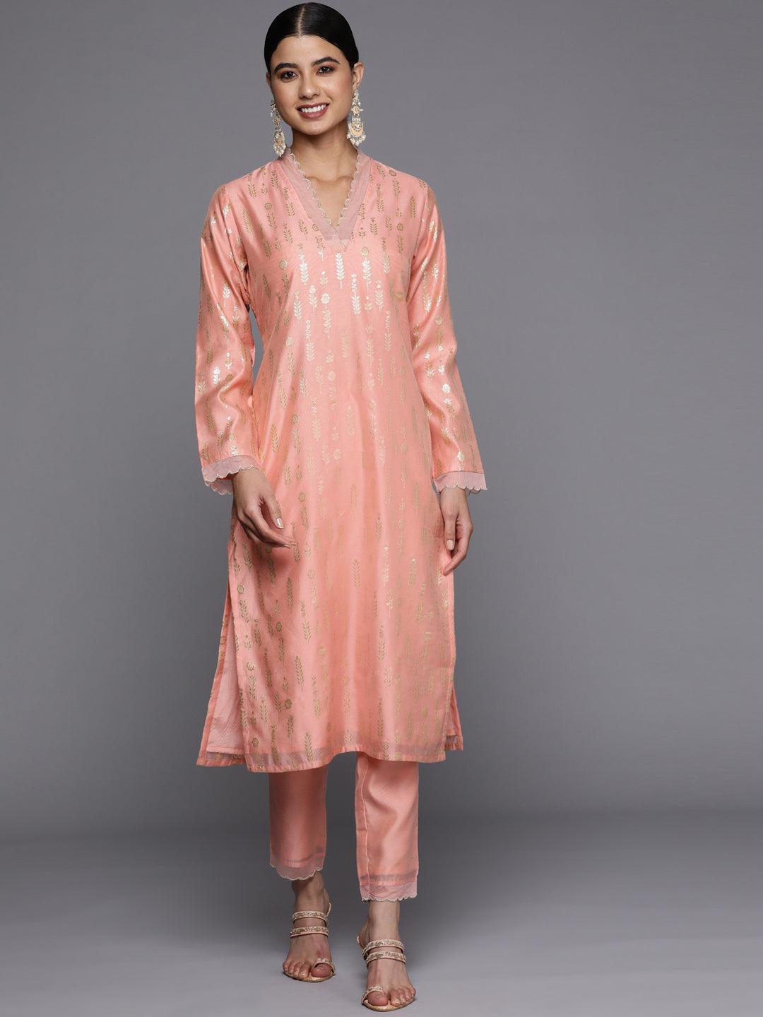 Peach Woven Design Jacquard Straight Kurta