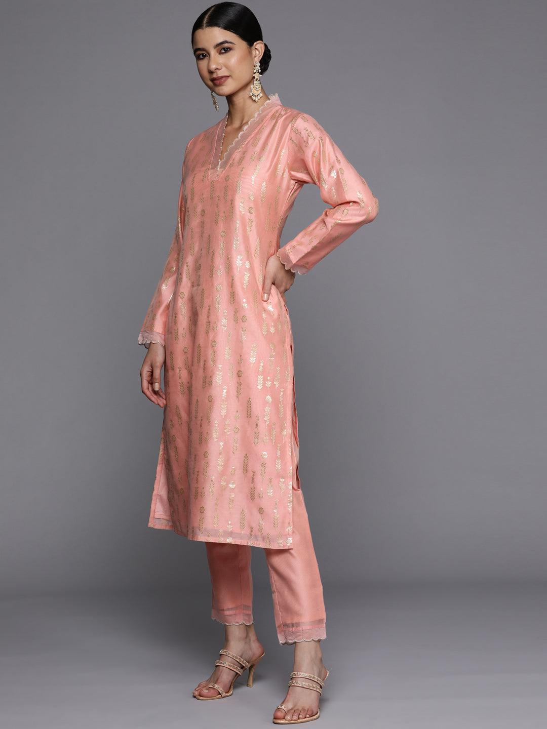 Peach Woven Design Jacquard Straight Kurta